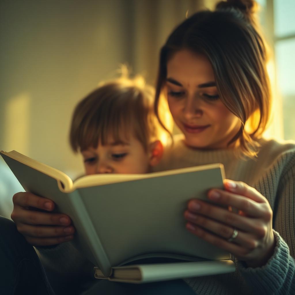 A parent reading with their child in warm afternoon light